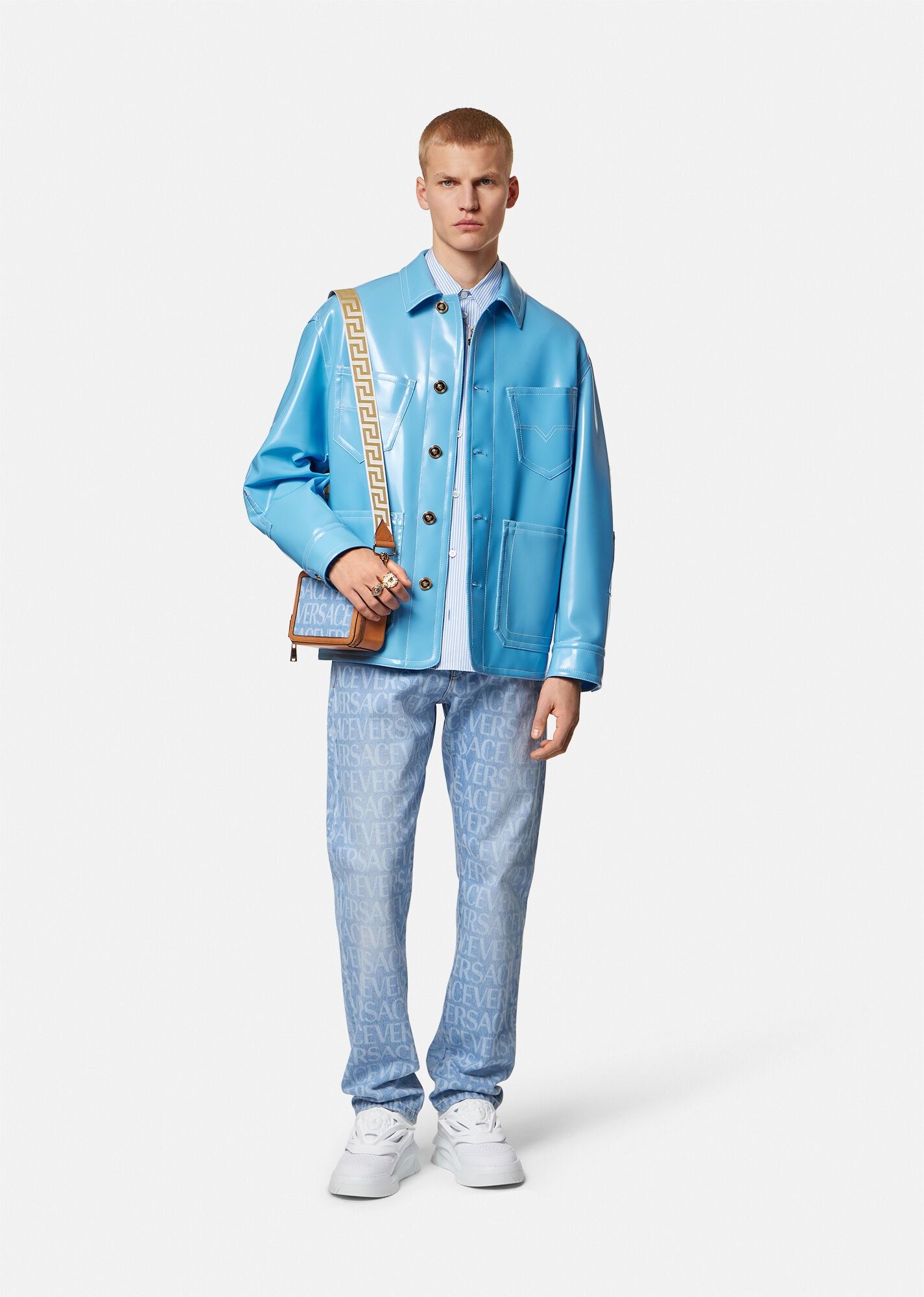 Versace Greek Braid Cable Knit Sweater In Blue
