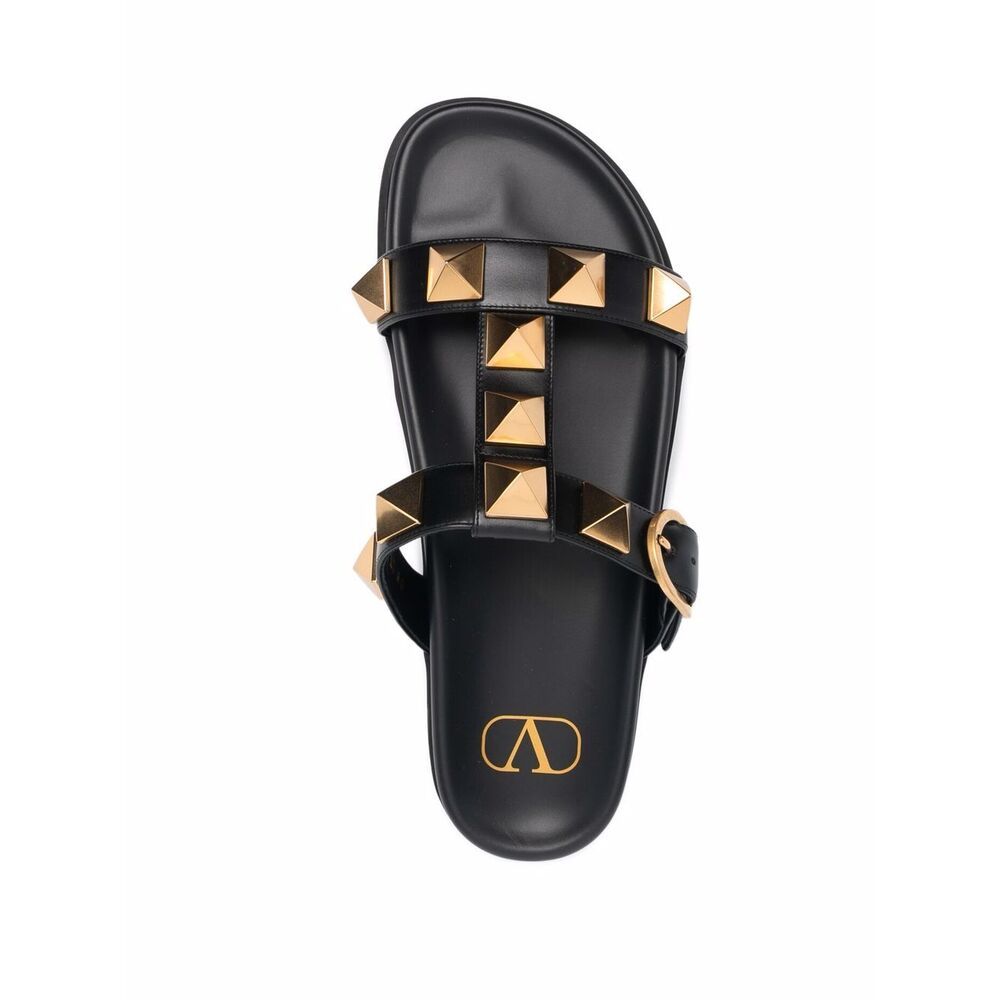 Valentino Roman Stud Leather Slides In Black
