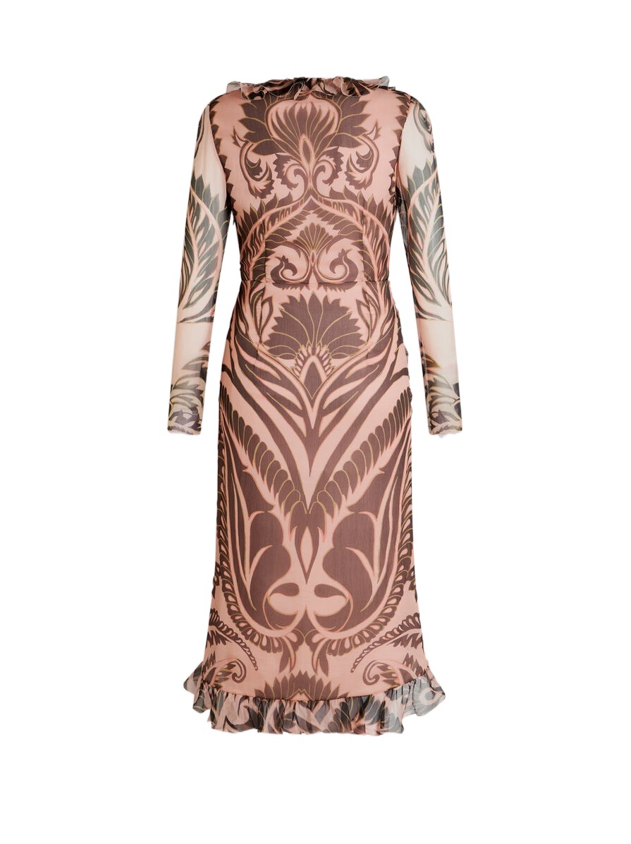 Etro Printed Ruched Midi Dress In Silk In Nude