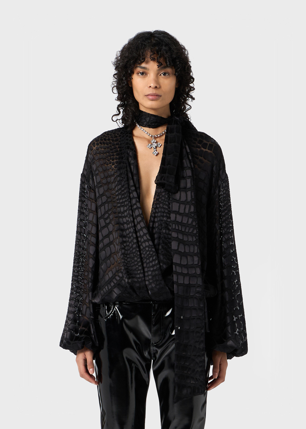 Blumarine Devore Cross-scarf Shirt In Black
