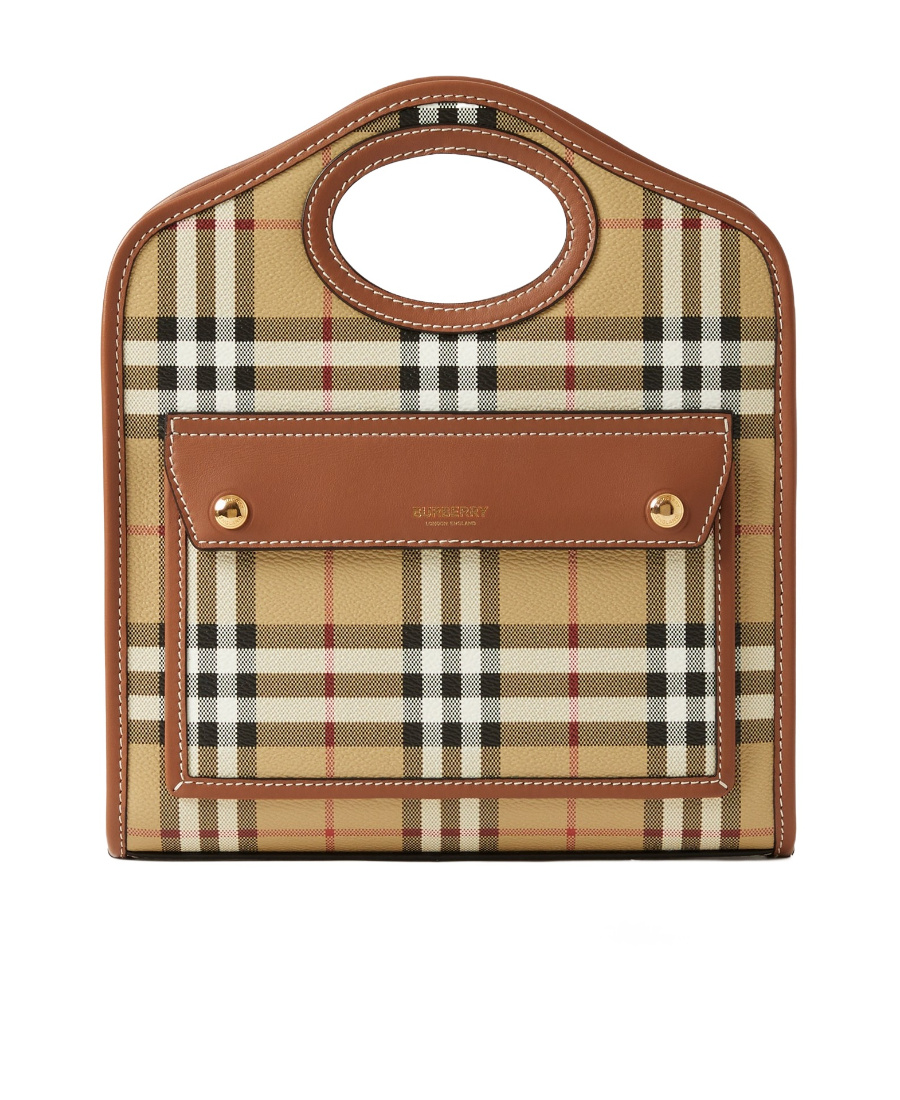 Burberry Woman Printed Canvas And Leather Mini Pocket Handbag In Brown