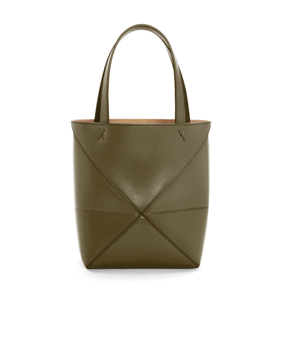 Loewe Mini Puzzle Fold Tote In Shiny Calfskin In Green