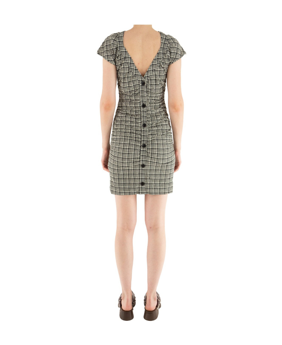 Ganni Plaid Open Back Stretch Seersucker Minidress In Gray