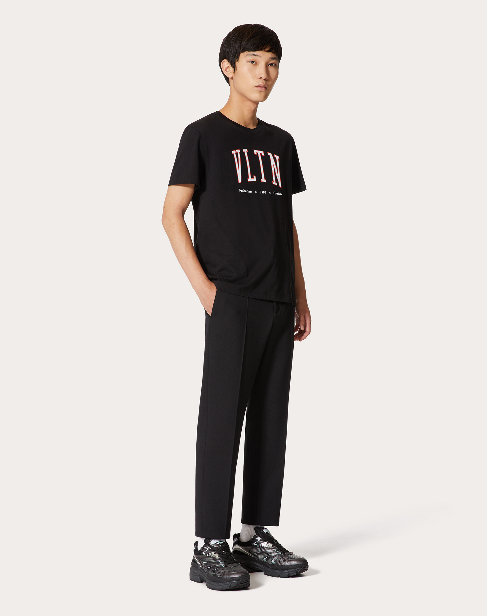 Valentino Cotton Crewneck T-shirt With Vltn Print In Black