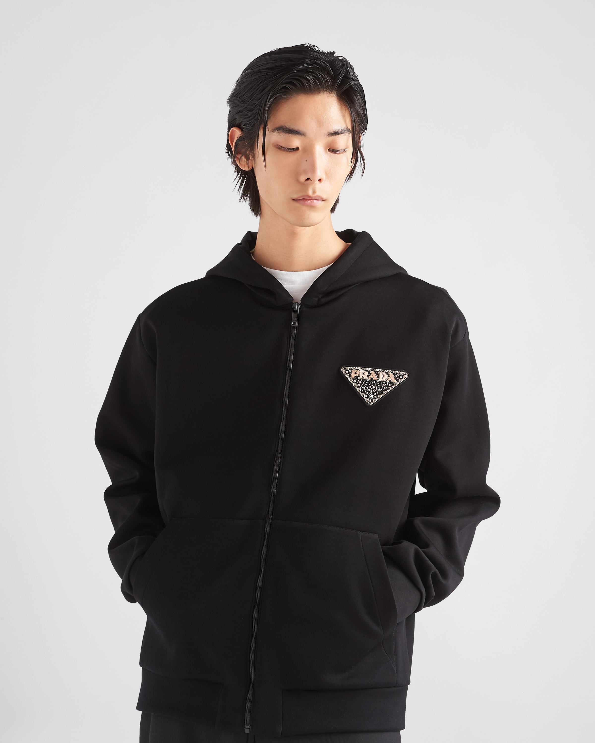Prada Logo-print Zipped Hoodie In Black