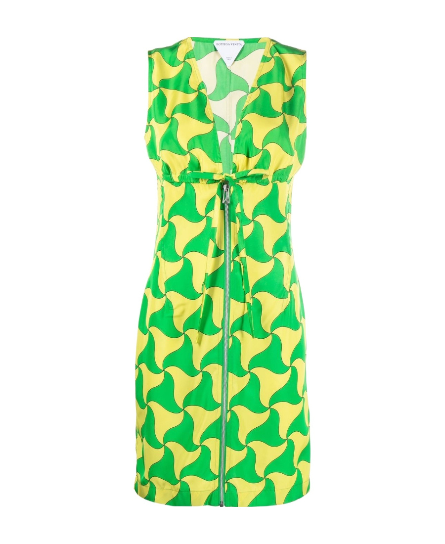 Bottega Veneta Parachute Silk Wavy Triangle Print Dress In Green