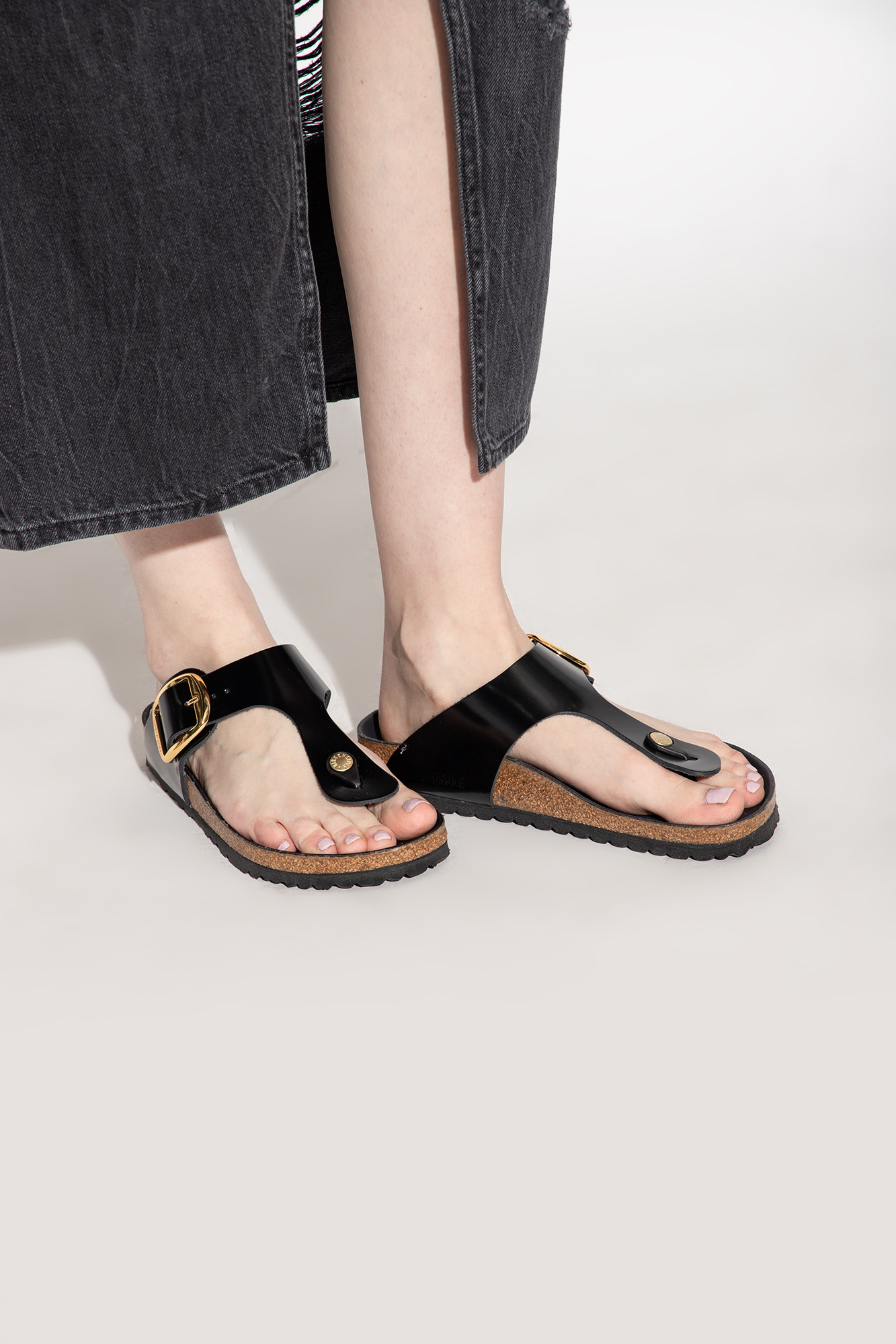Birkenstock Gizeh Big Buckle High-shine Black Leather Toe Post Sandals