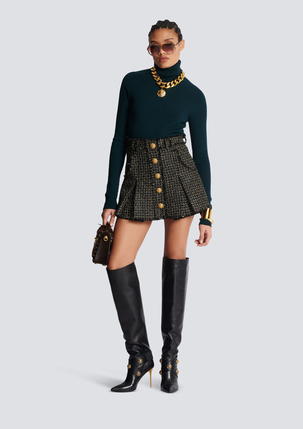 Balmain Button-embellished Pleated Metallic Tweed Mini Skirt In Black