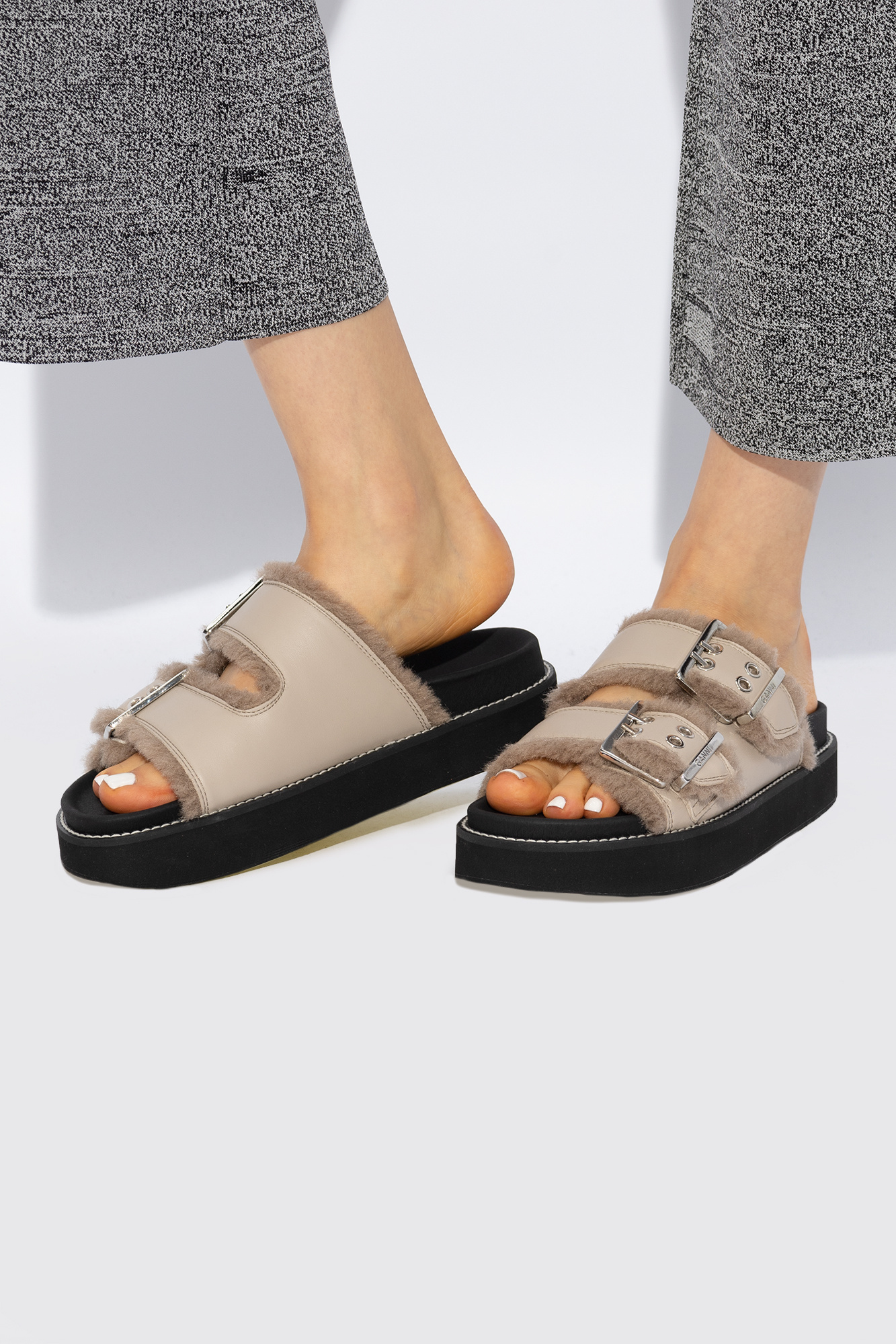 Ganni Taupe Feminine Buckle Flat Sandals In Black