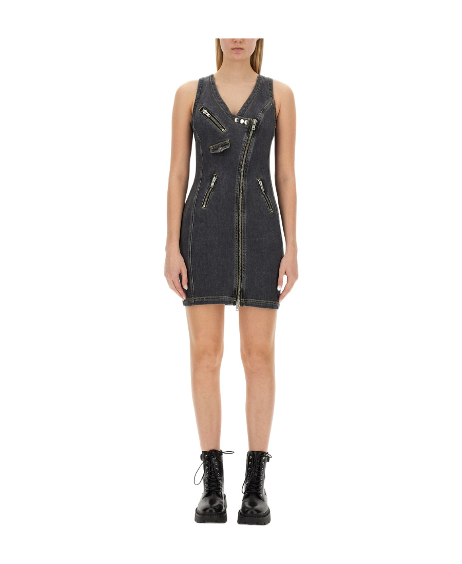 Moschino Fitted V-neck Mini Dress With Decorative Zippers In Gray