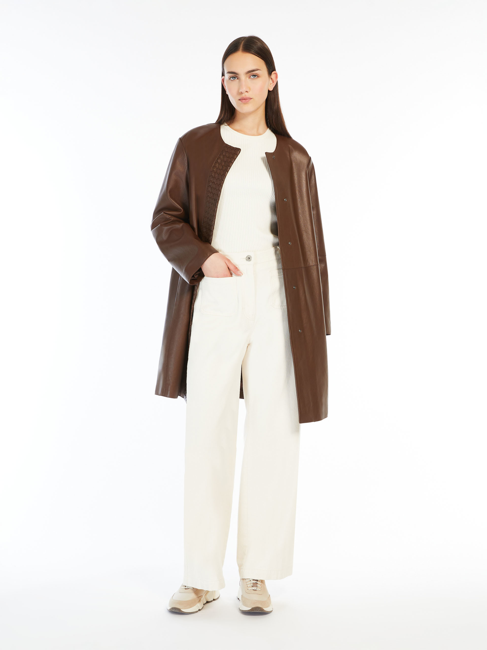 Weekend Max Mara Long-sleeved Leather Jacket In Brown