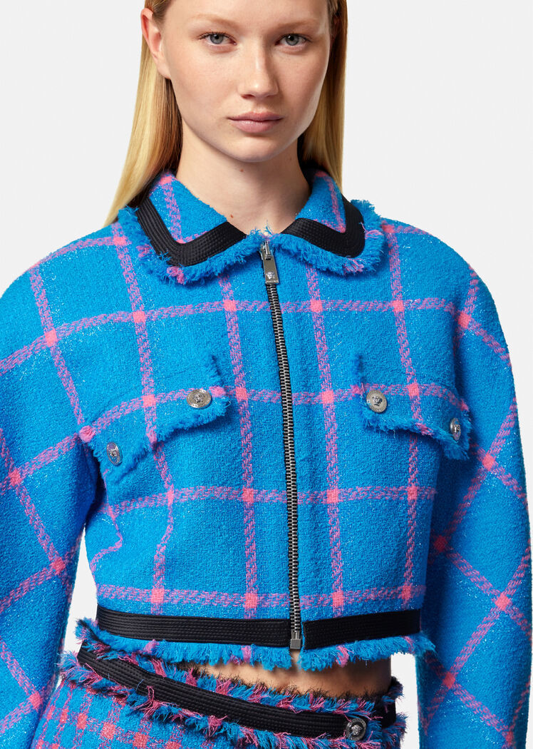 Versace Ruffled Tweed Casual Jacket In Blue