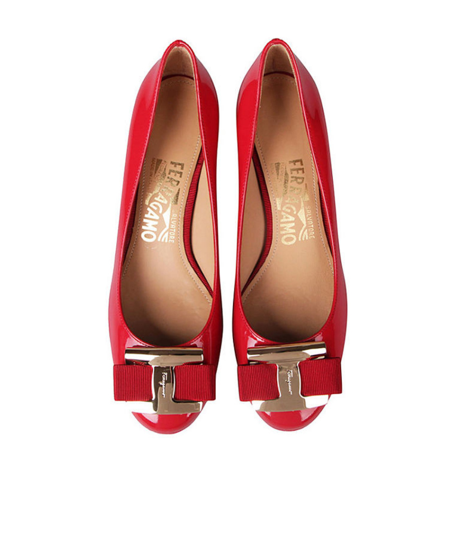 Ferragamo Bow Knot Fish Mouth Slope Heel Shoes In Red