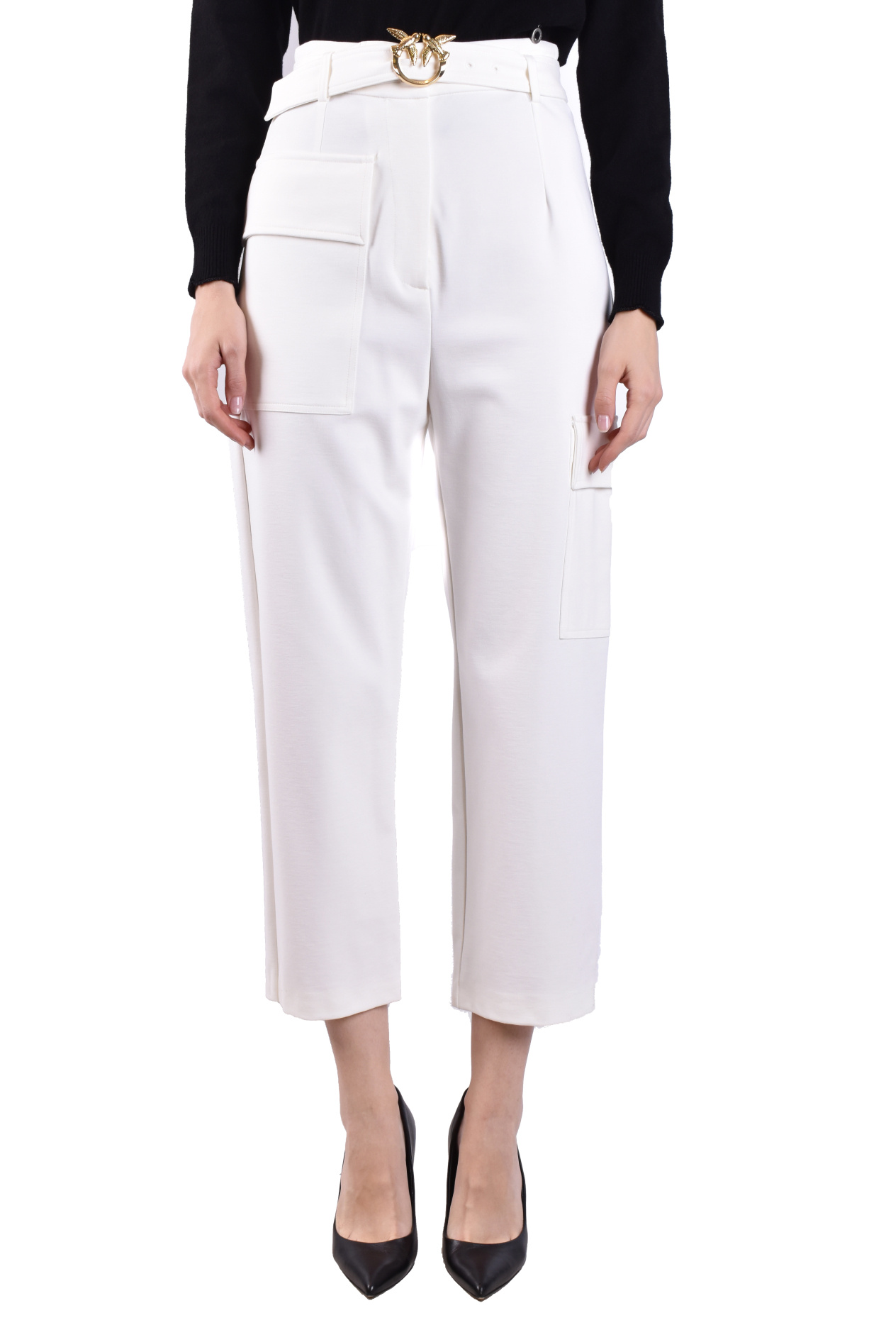 Pinko High Waist Cropped Trousers With Cargo Pockets In White