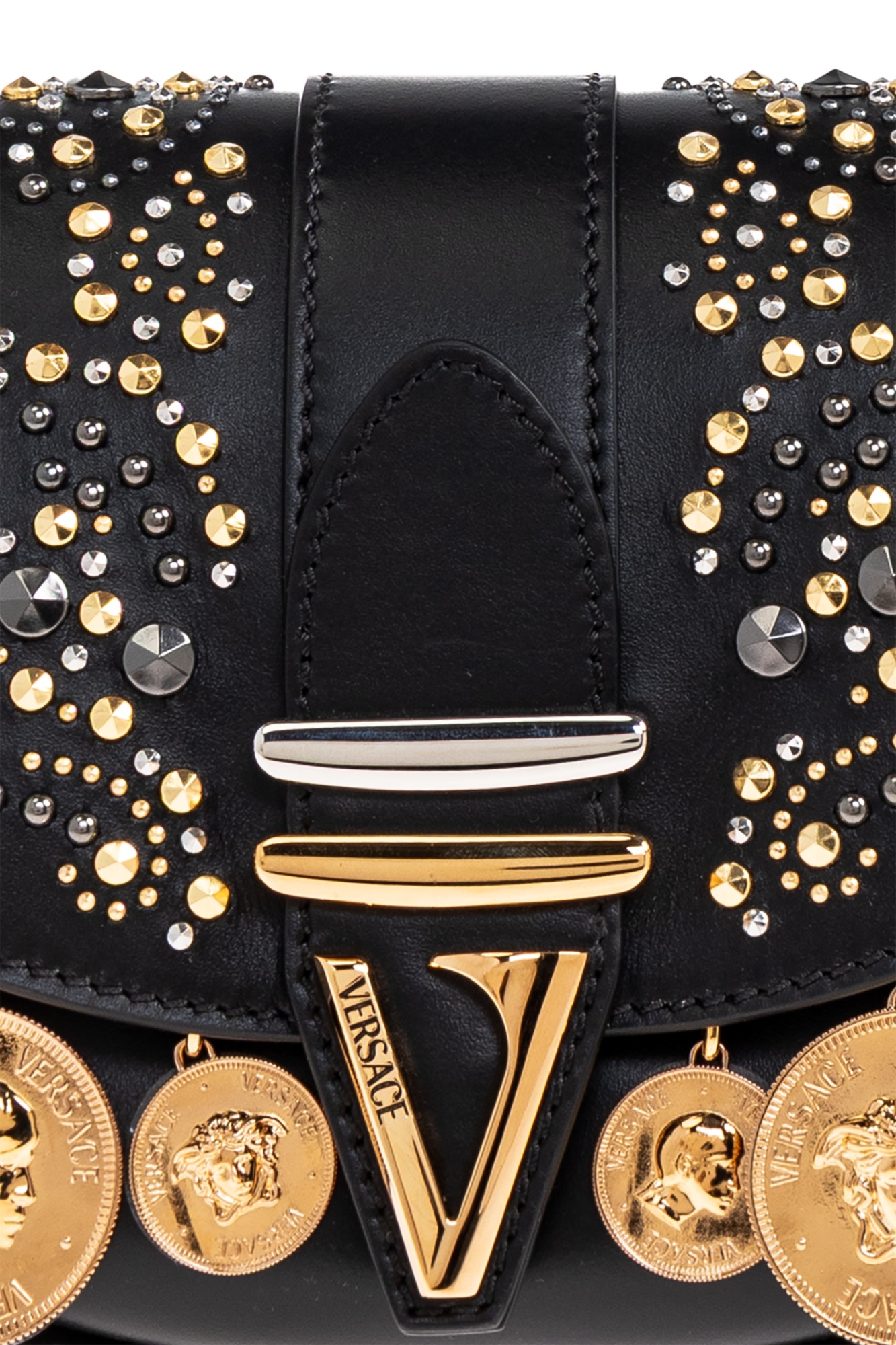 Versace Virtus Medium Coin-embellished Leather Shoulder Bag In Black