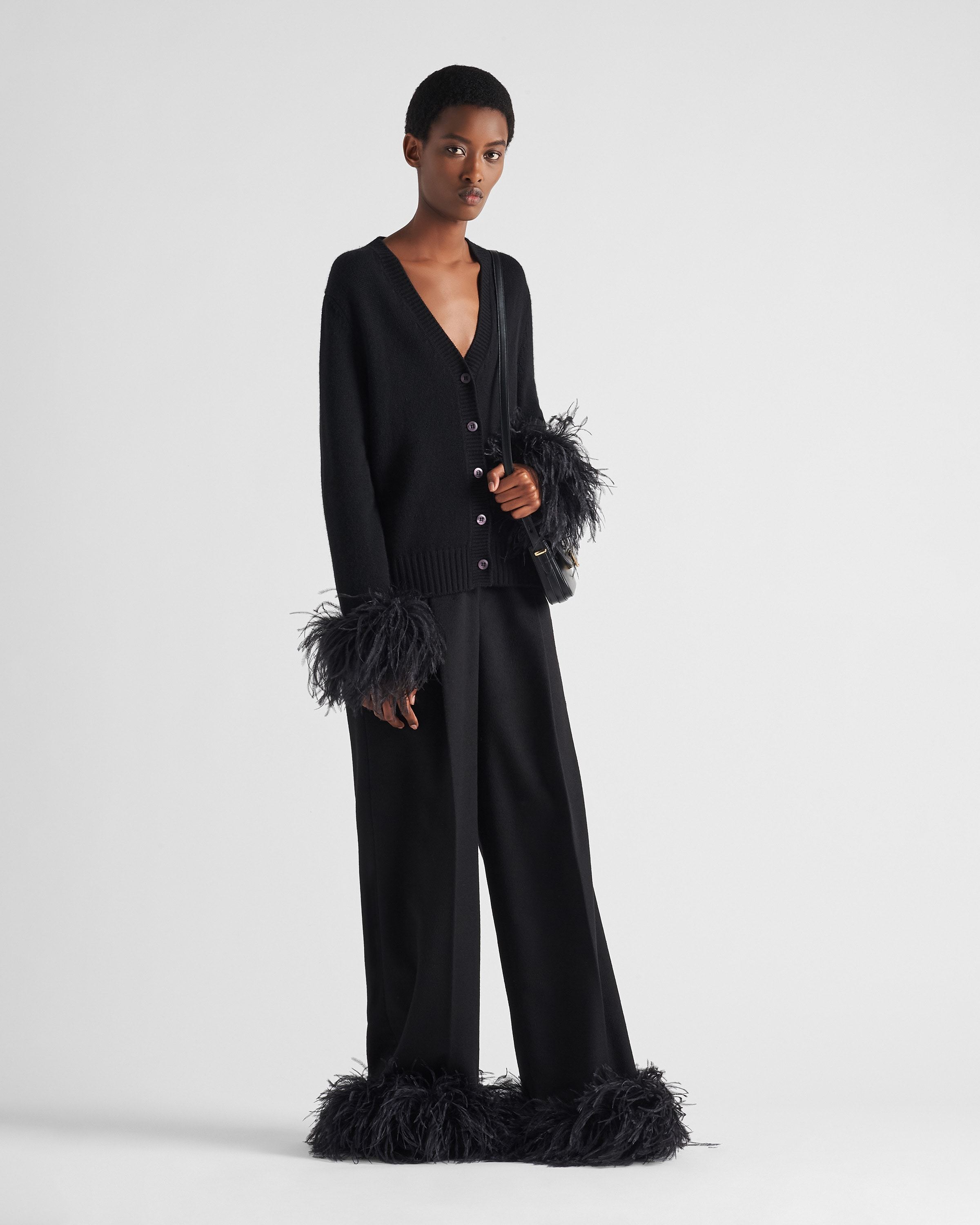 Prada Feather-trim Black Cashmere Cardigan With V-neck In Black