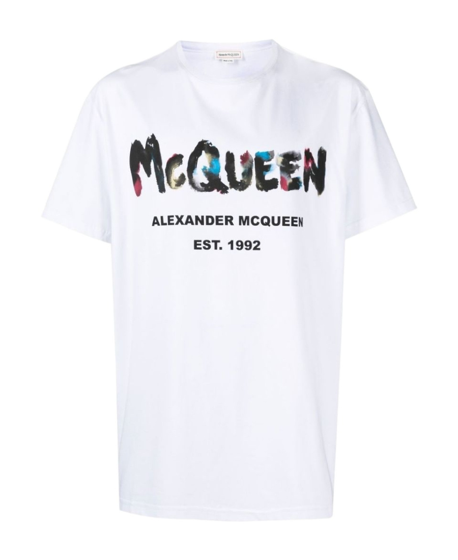 Alexander Mcqueen Watercolour Graffiti Print Tee In White