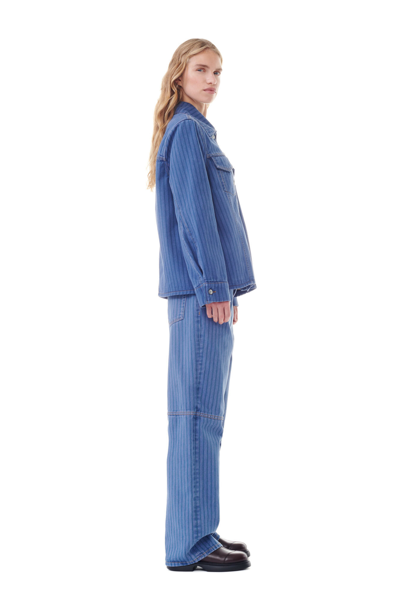 Ganni Stripe Overdyed Denim Jacket In Blue