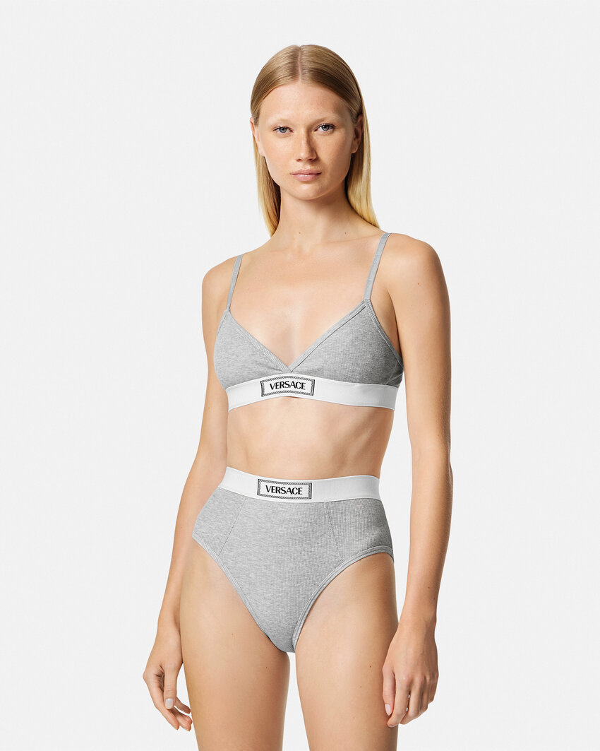 Shop Versace Logo-waistband Fine-ribbed Briefs In Gray