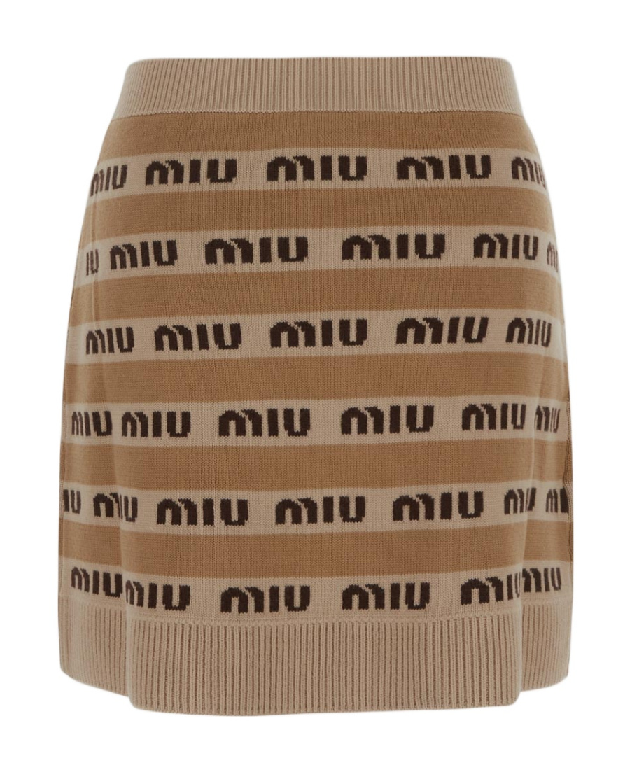 Miu Miu Logo-intarsia Wool Miniskirt In Brown