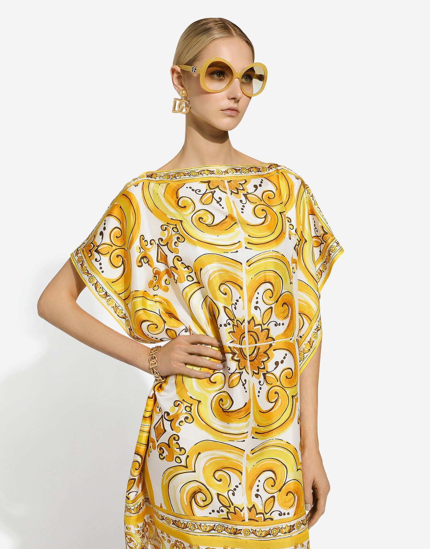 Dolce & Gabbana Yellow Dots Print Silk Maxi Dress In Yellow