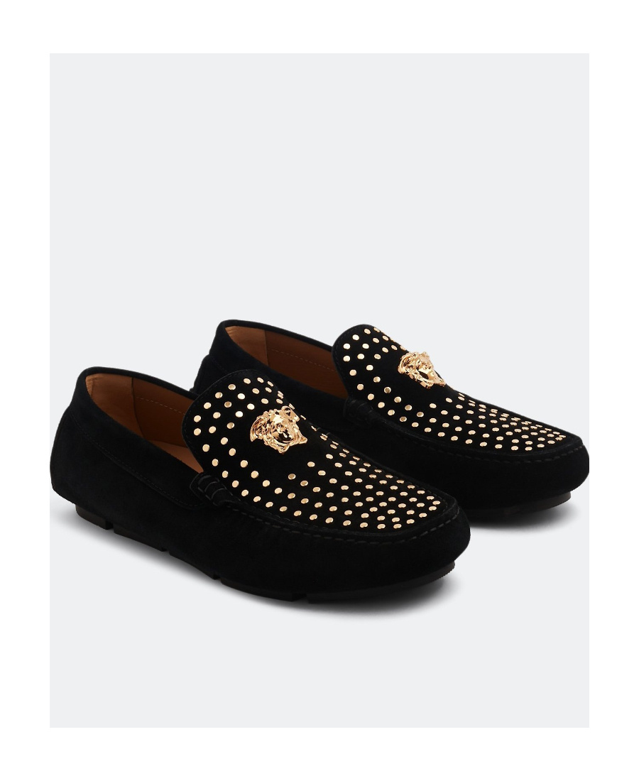 Versace La Medusa Studded Suede Loafer In Black
