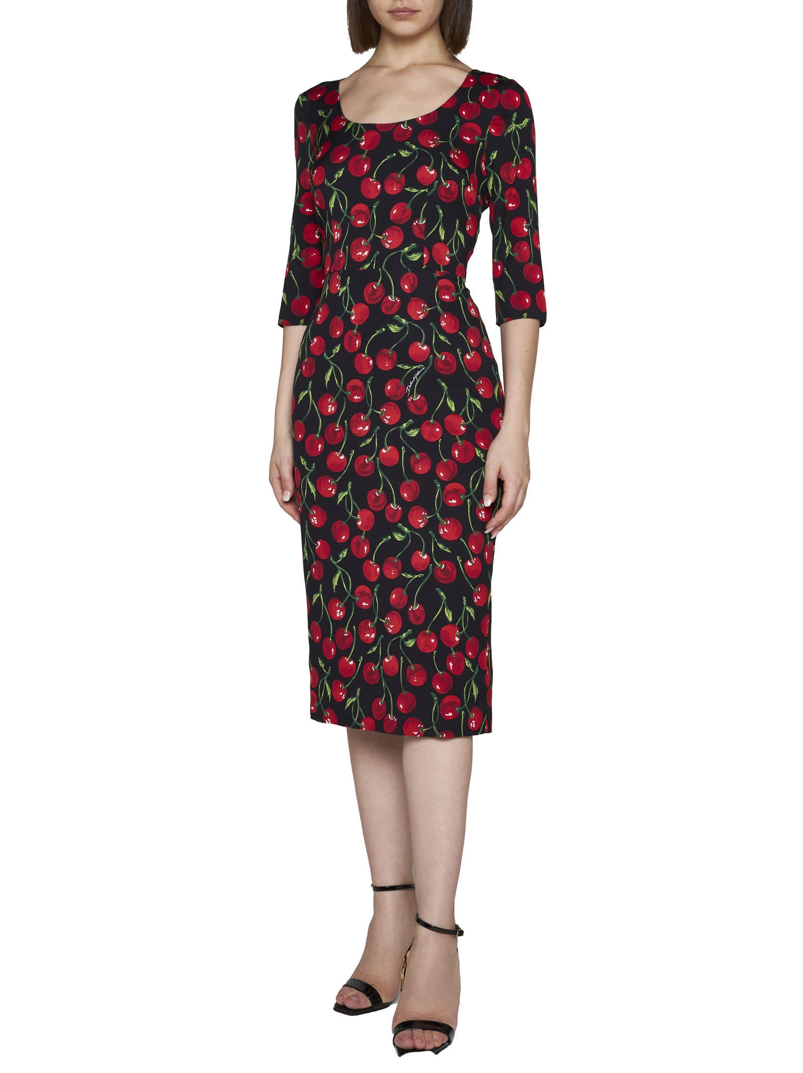 Shop Dolce & Gabbana Cherry-print Midi Dress In Black
