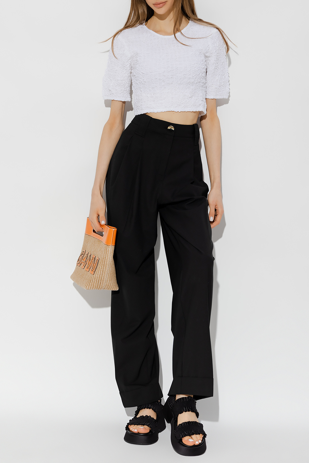 Ganni Cable-knit Organic Cotton T-shirt In White