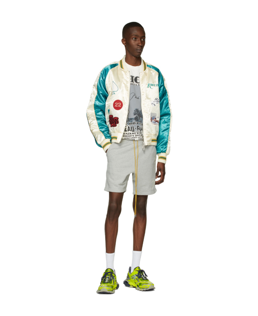 Rhude Cropped Colour-block Logo-embroidered Satin Bomber Jacket In White