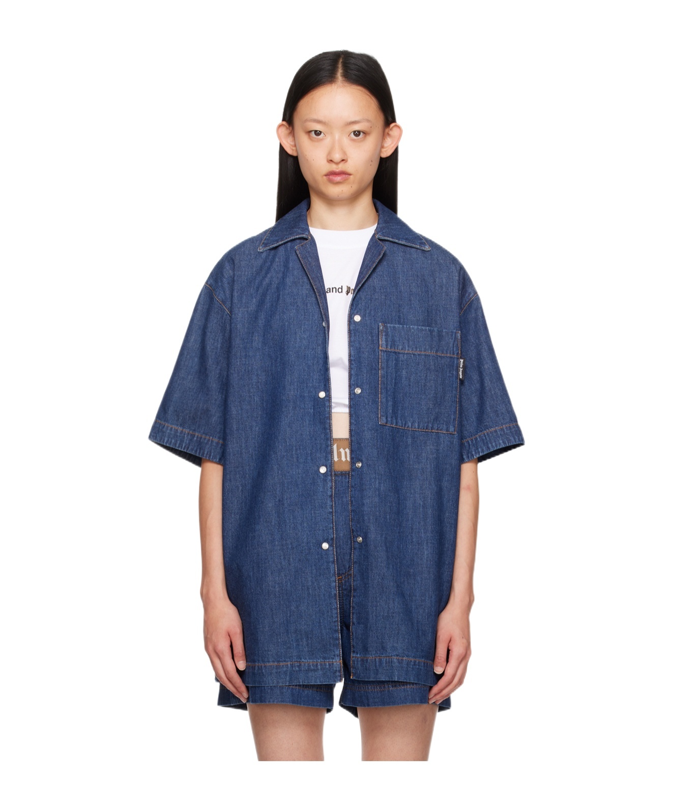 Palm Angels Navy Press-stud Denim Shirt In Blue