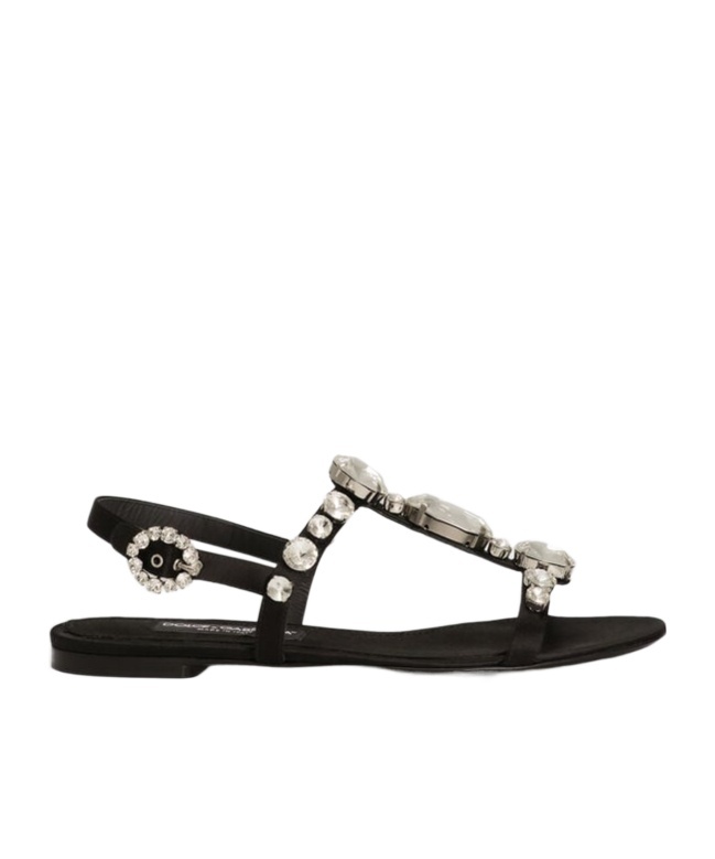 Dolce & Gabbana Black Sandals With Embroidered Stones Decorations In Satin Woman In Black