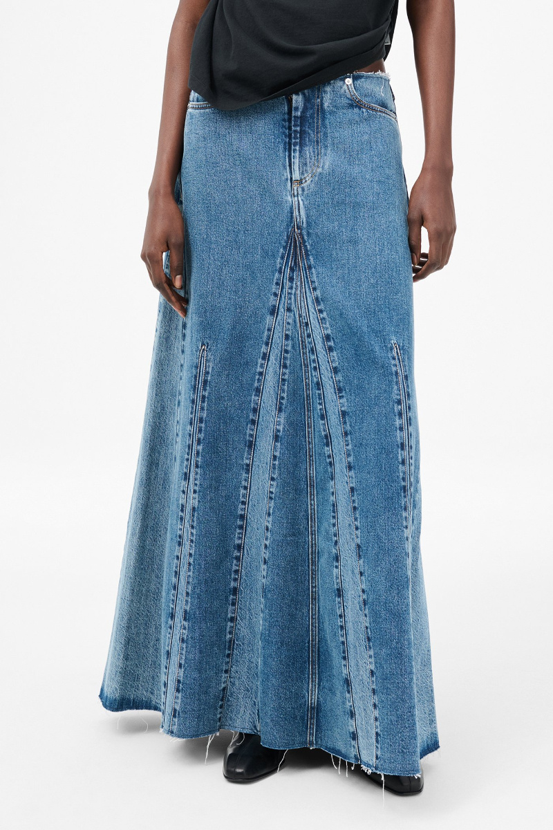 Our Legacy Rebel Panelled Frayed Maxi Skirt In Blue