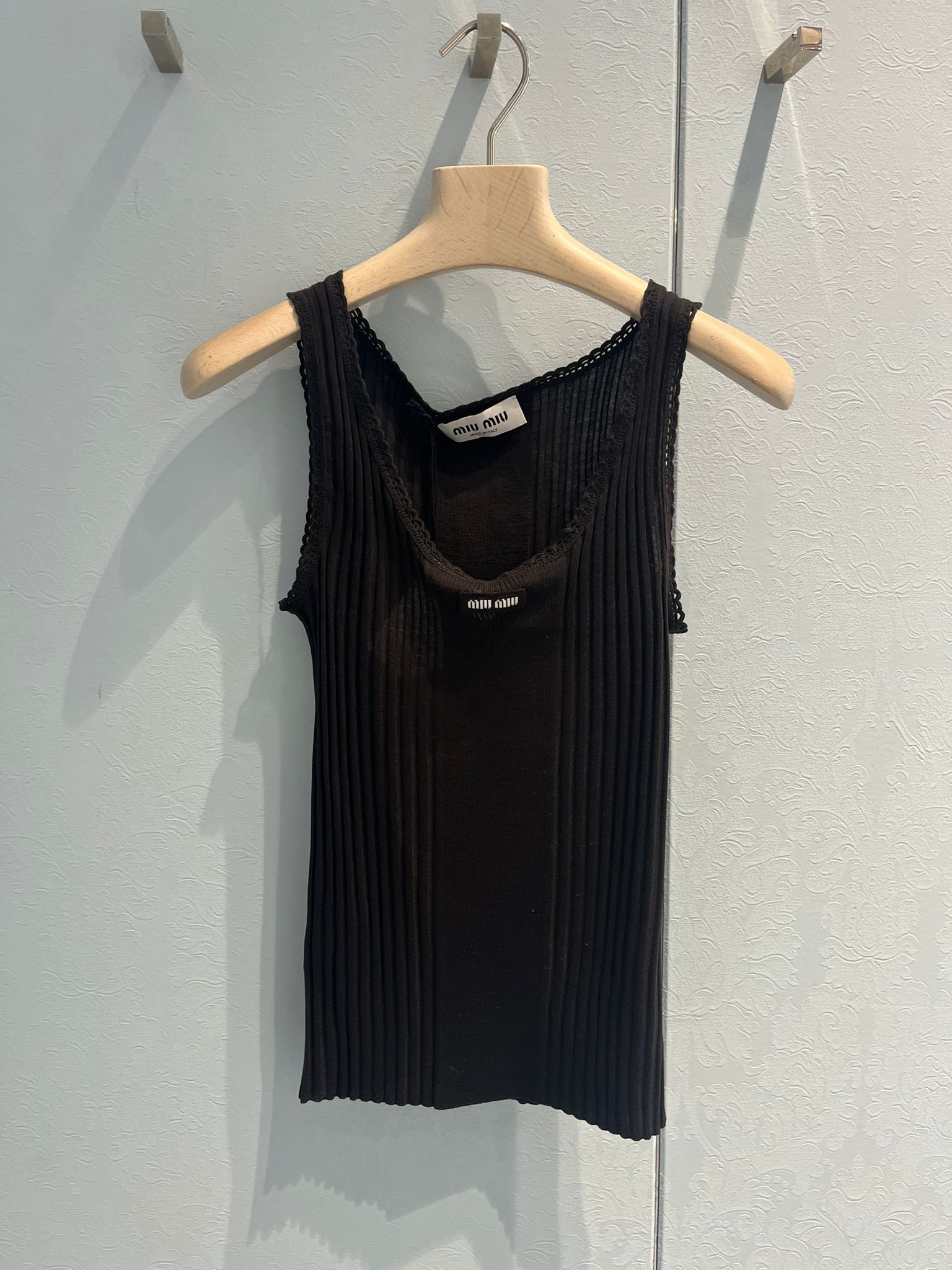 Miu Miu Ribbed Knit Wool Tank Top In Black
