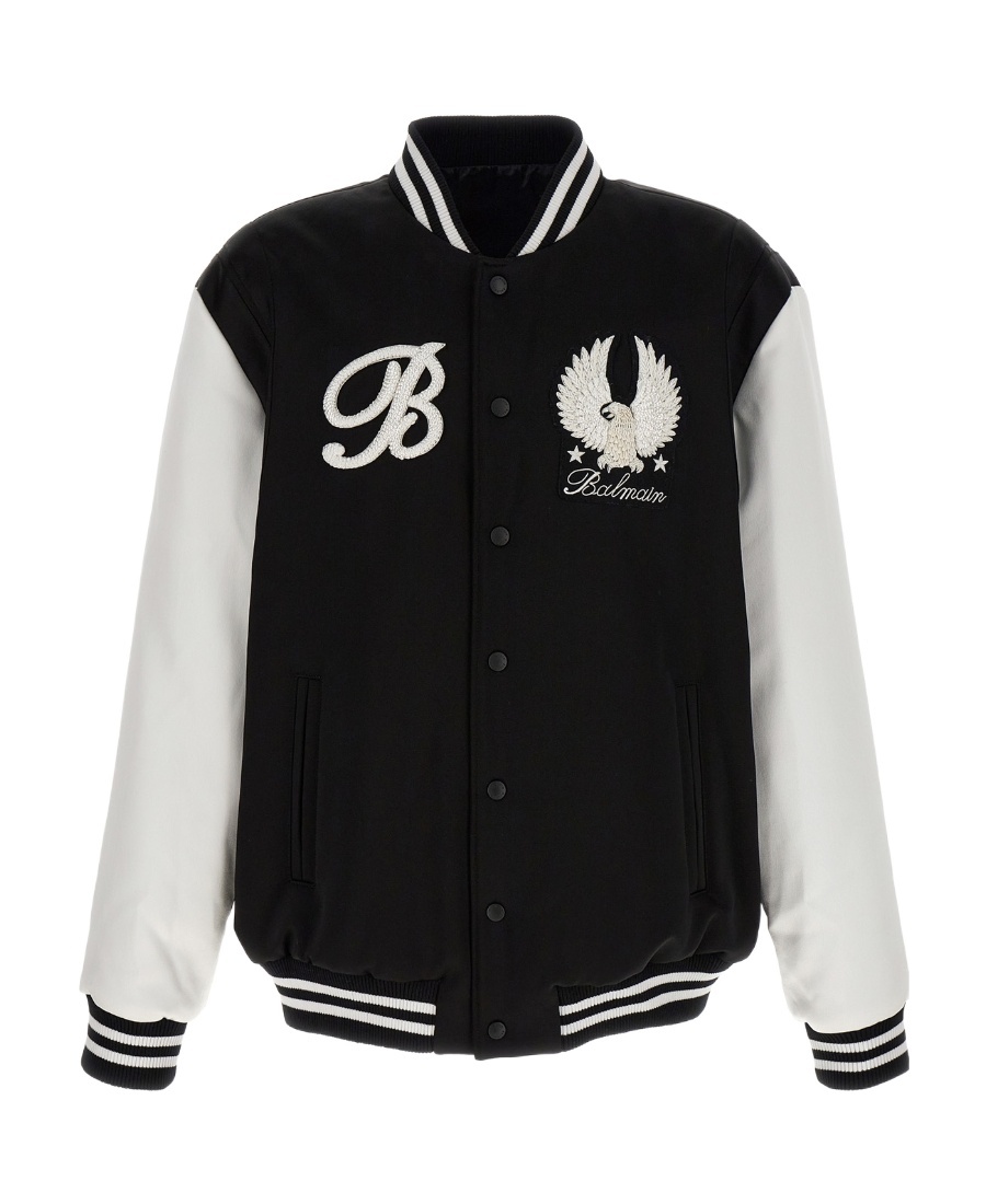 Balmain Embroidered Badges Satined Varsity Casual Jackets, Parka White/black In Black