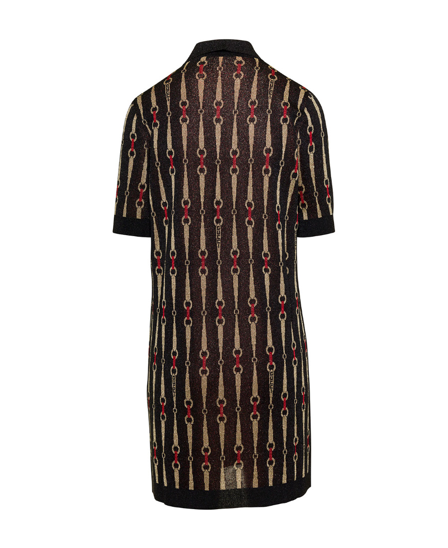 Gucci Mini Black Dress With Short Sleeves And All-over Horsebit Print In Lurex Woman In Black