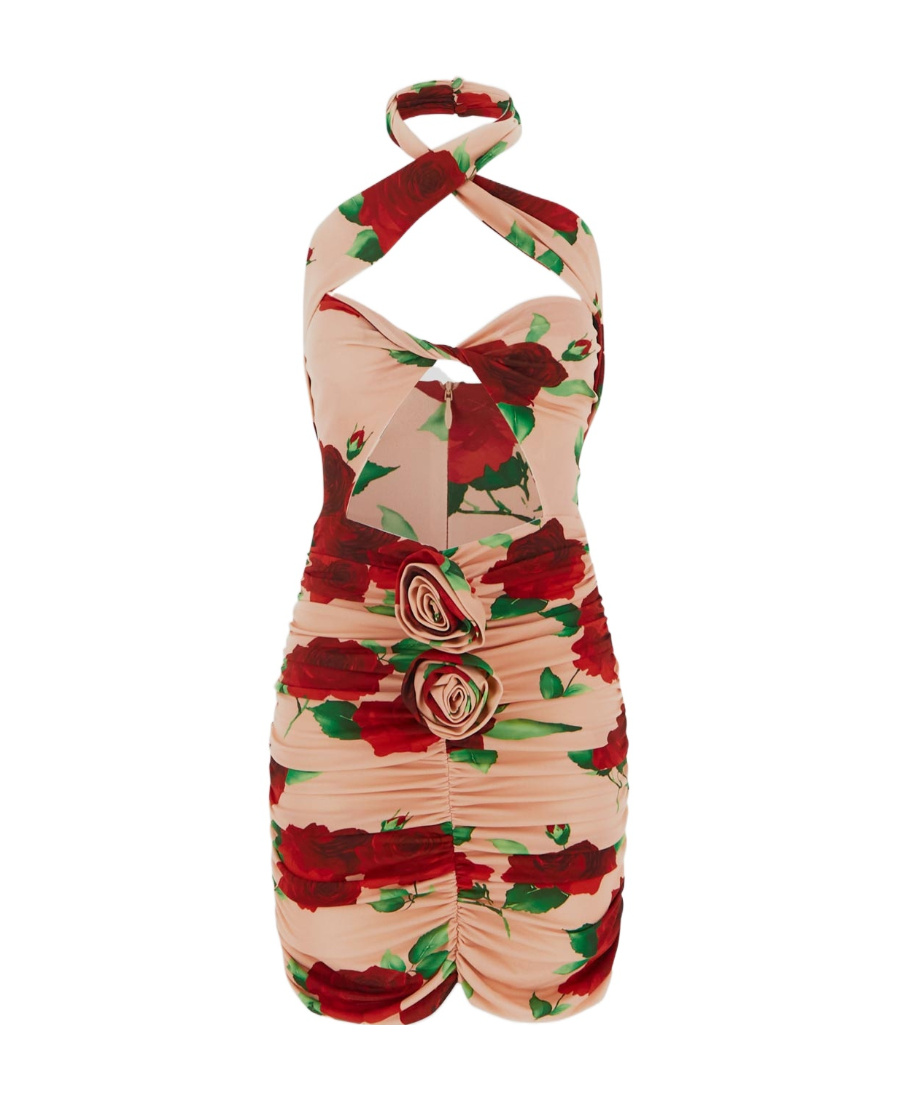 Magda Butrym Cutout Ruched Floral-print Jersey Mini Dress In Nude
