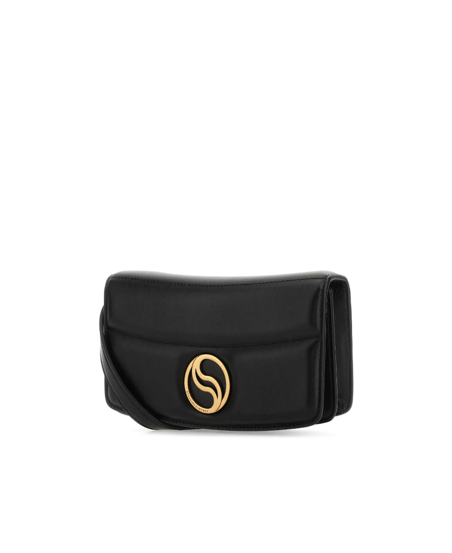 Stella Mccartney S-wave Logo Plaque Padded Wallet On Strap In Black