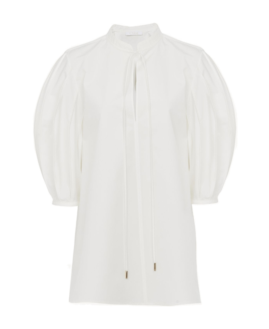Chloé Cotton Keyhole Puff Sleeve Tie Neck Top In White