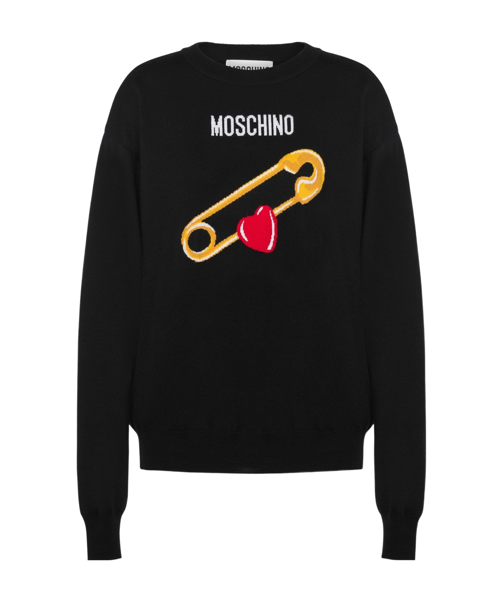 Moschino Black Intarsia Heart Safety Pin Sweater In Black