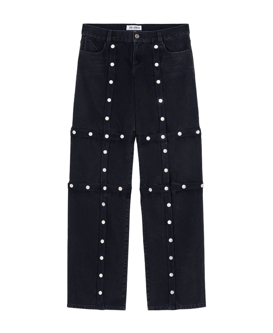 Attico Black Cotton Denim Pants With Logoed Snap Buttons For Women In Black