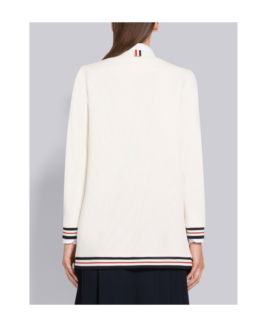 Thom Browne Rwb Stripe Ribbed Cardigan In White