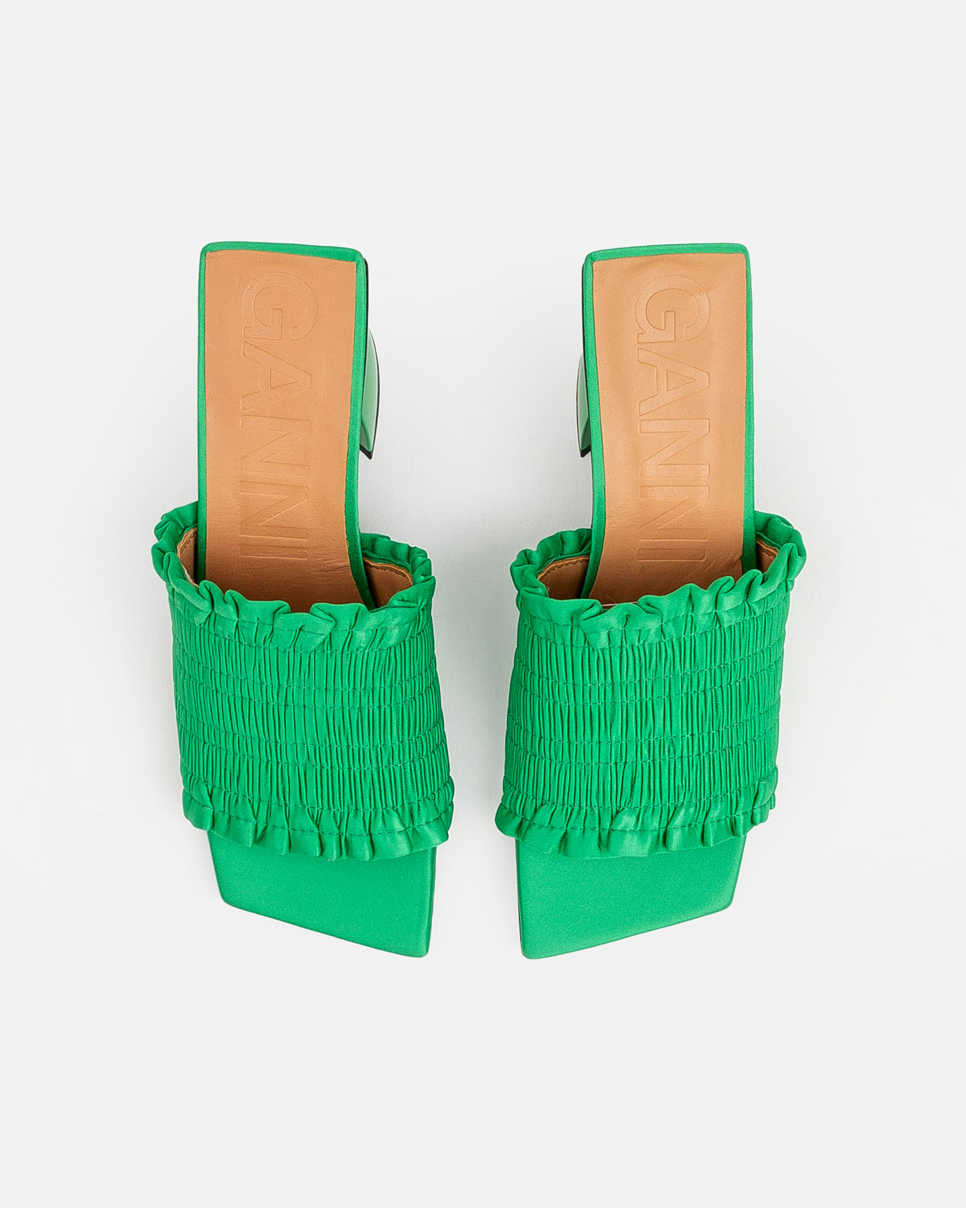 Ganni Smocked Kitten-heel Mules In Green