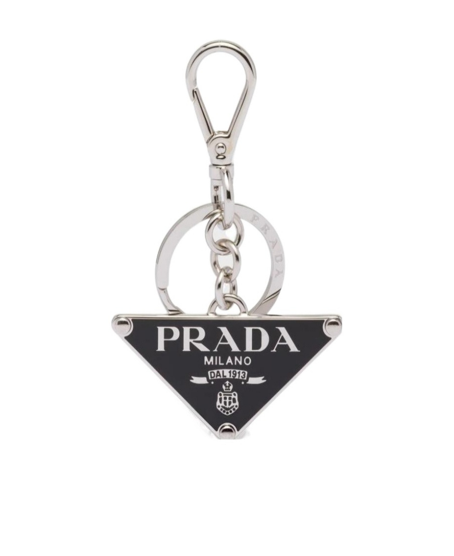 Prada Triangle Enamel Keychain In Black