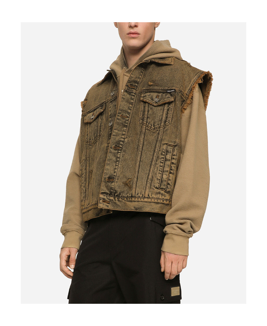 Dolce & Gabbana Over-dyed Sleeveless Denim Jacket In Brown