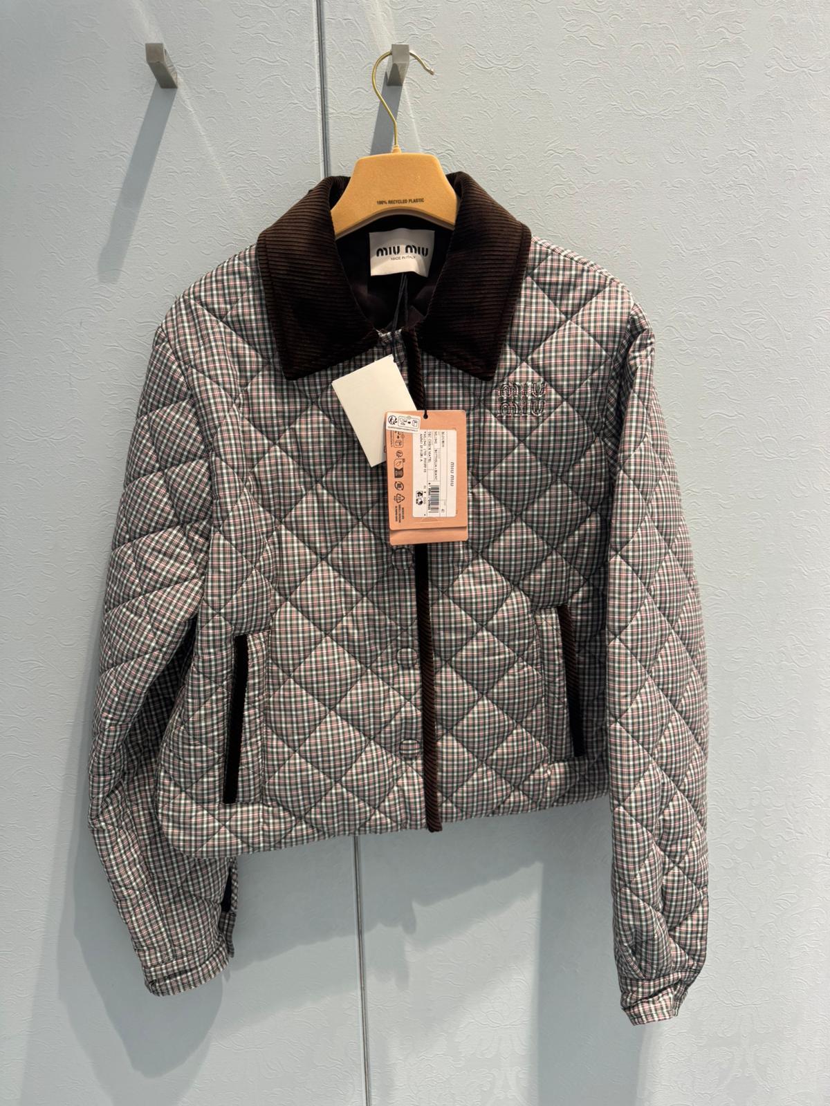 Miu Miu Lapel Plaid Jacket In Gray