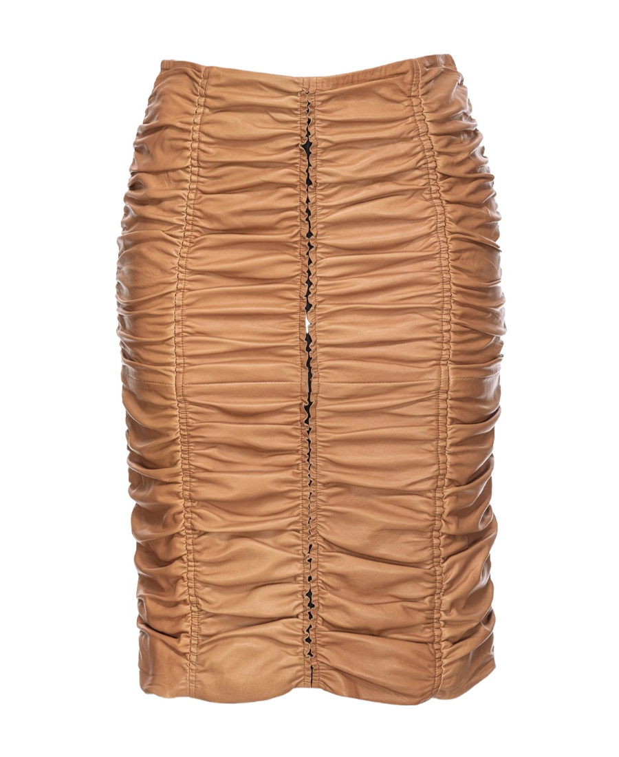 Pinko Ruched Leather Midi Skirt In Brown
