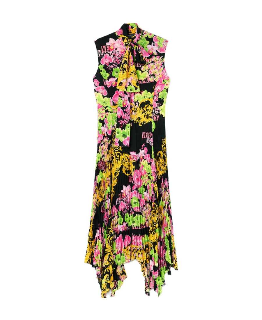 Versace Printed Plissé Crepe De Chine Midi Dress In Multicolor