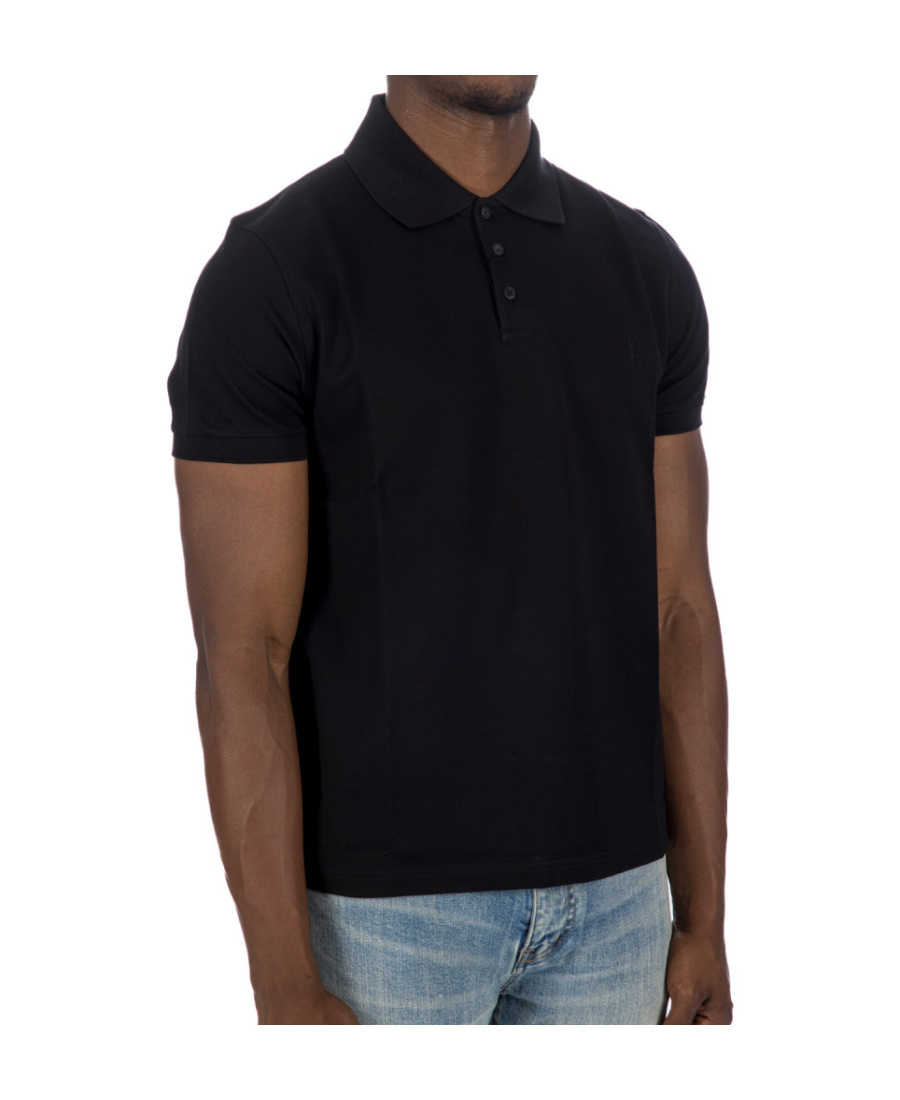 Saint Laurent Men's Piquet Cotton Polo Shirt In Black