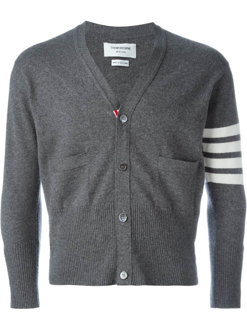 Shop Thom Browne Short V-neck Cardigan With 4-bar Stripe In Medium Grey Cashmere In Black