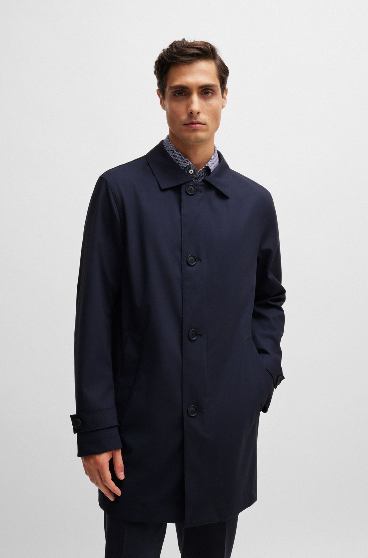 Hugo Boss Waterproof Coat Blended With Wool In Black